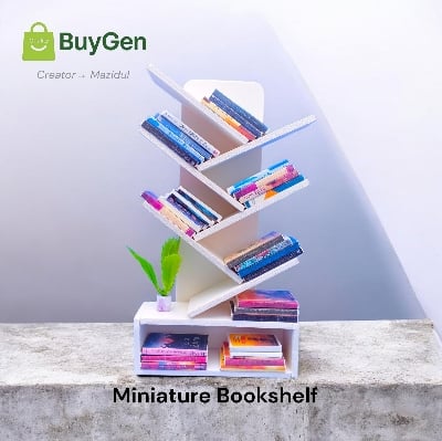 Picture of Tree Shape Miniature Bookshelf (White/Red) with 25 Mini Books & Flower Pot - PVC Board Unique 3D ZigZag Desk Decor