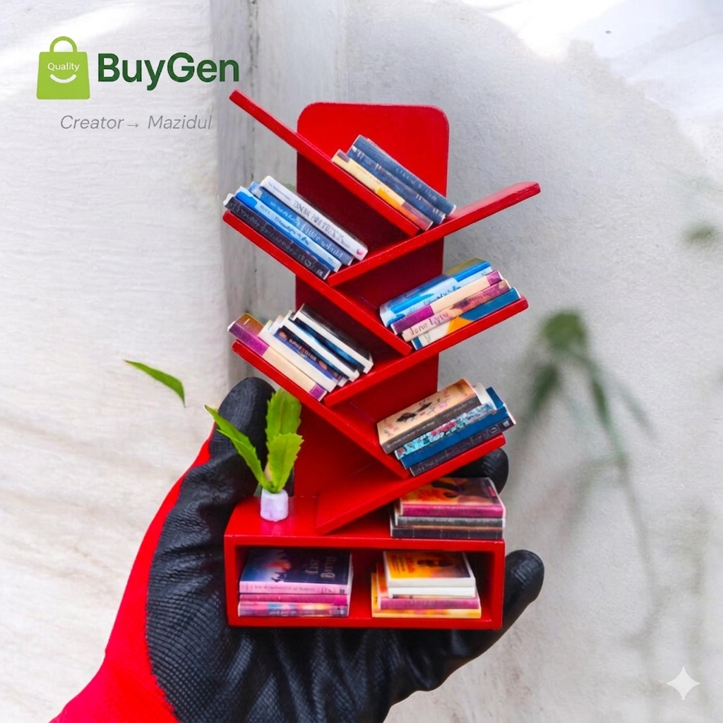 Picture of Tree Shape Miniature Bookshelf (White/Red) with 25 Mini Books & Flower Pot - PVC Board Unique 3D ZigZag Desk Decor
