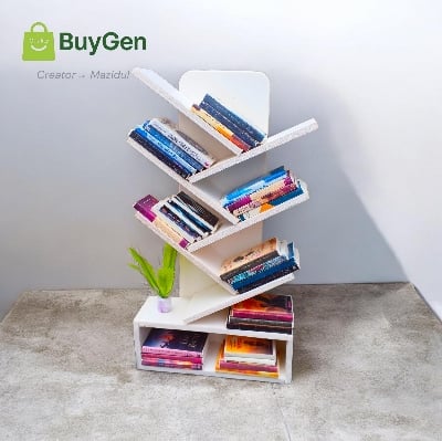 Picture of Tree Shape Miniature Bookshelf (White/Red) with 25 Mini Books & Flower Pot - PVC Board Unique 3D ZigZag Desk Decor