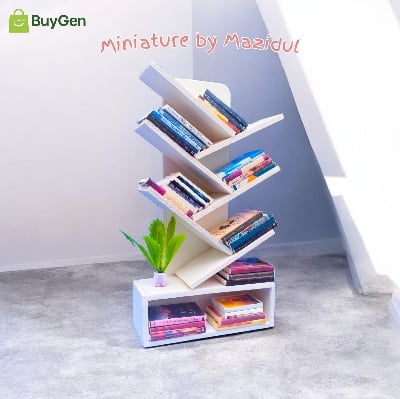 Picture of Tree Shape Miniature Bookshelf (White/Red) with 25 Mini Books & Flower Pot - PVC Board Unique 3D ZigZag Desk Decor