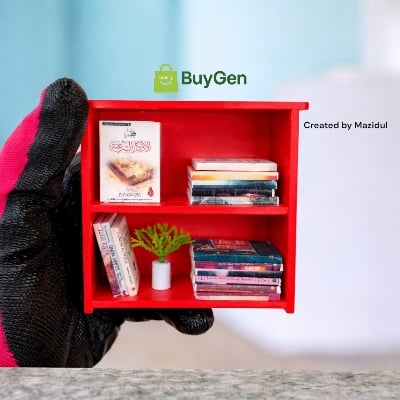 Picture of Miniature Bookshelf with 15 Books & Flower Pot | PVC Board Red & White, Black Shelf | Bangla English Arabic Islamic Movie Books Decor