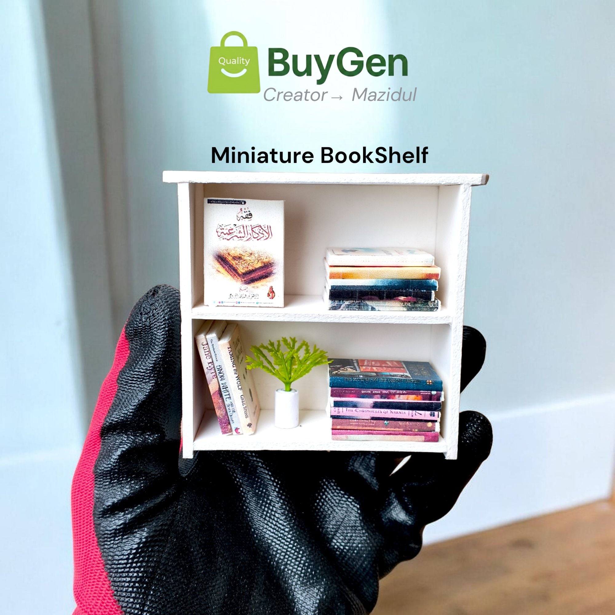 Picture of Miniature Bookshelf with 15 Books & Flower Pot | PVC Board Red & White, Black Shelf | Bangla English Arabic Islamic Movie Books Decor