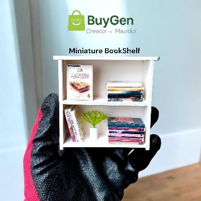 Picture of Miniature Bookshelf with 15 Books & Flower Pot | PVC Board Red & White, Black Shelf | Bangla English Arabic Islamic Movie Books Decor