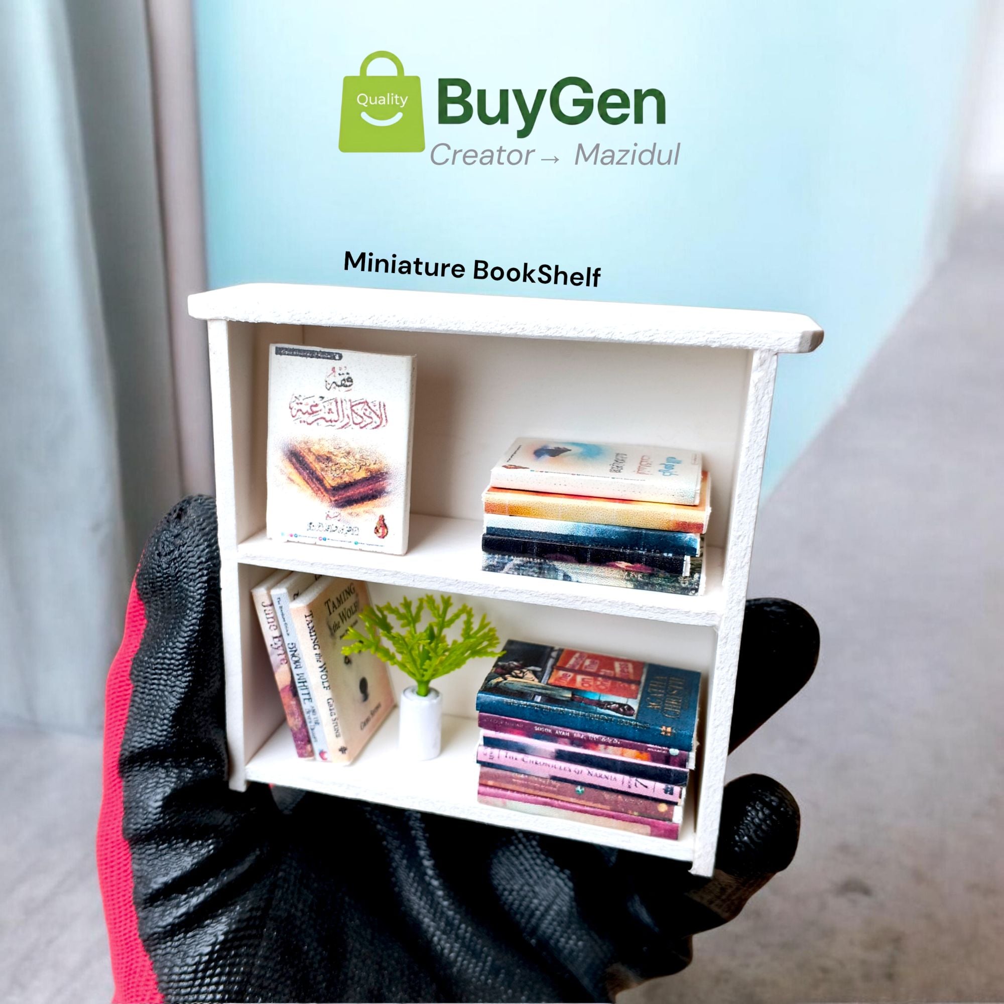 Picture of Miniature Bookshelf with 15 Books & Flower Pot | PVC Board Red & White, Black Shelf | Bangla English Arabic Islamic Movie Books Decor
