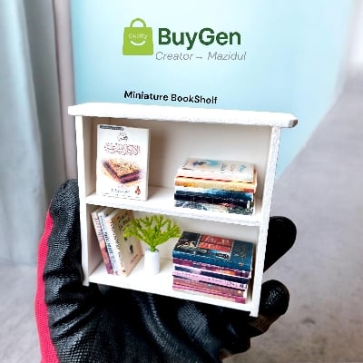 Picture of Miniature Bookshelf with 15 Books & Flower Pot | PVC Board Red & White, Black Shelf | Bangla English Arabic Islamic Movie Books Decor