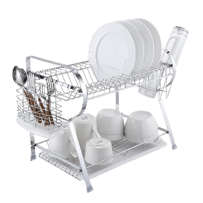 Picture of 2 Tier Dish Drying Rack Kitchen Organizer with Drain Board, Chrome Finished Steel, Naturous