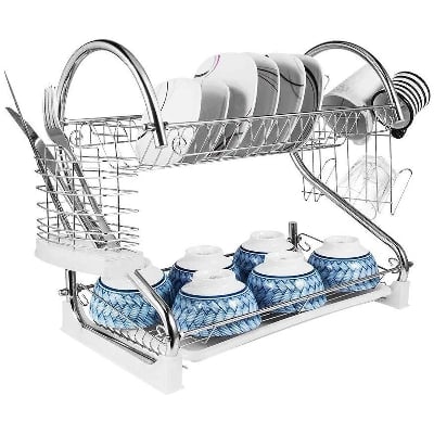 Picture of 2 Layer Plate Stand ,Kitchen Chrome Cup Dish Drying Rack Tray Cultery Dish Drainer
