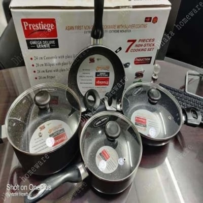 Picture of Prestige Omega Granite Set of 7 Pieces with Sos Pan, korai, fry pan, milk pan Induction Bottom Cookware Set Aluminium, 7 - Piece
