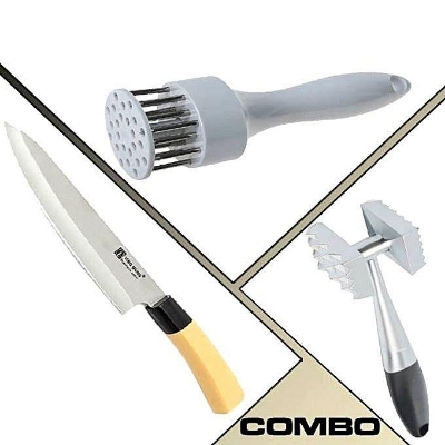 Picture of Kitchen Knife and Meat Tenderizer and Meat Hammer Combo - White and Silver