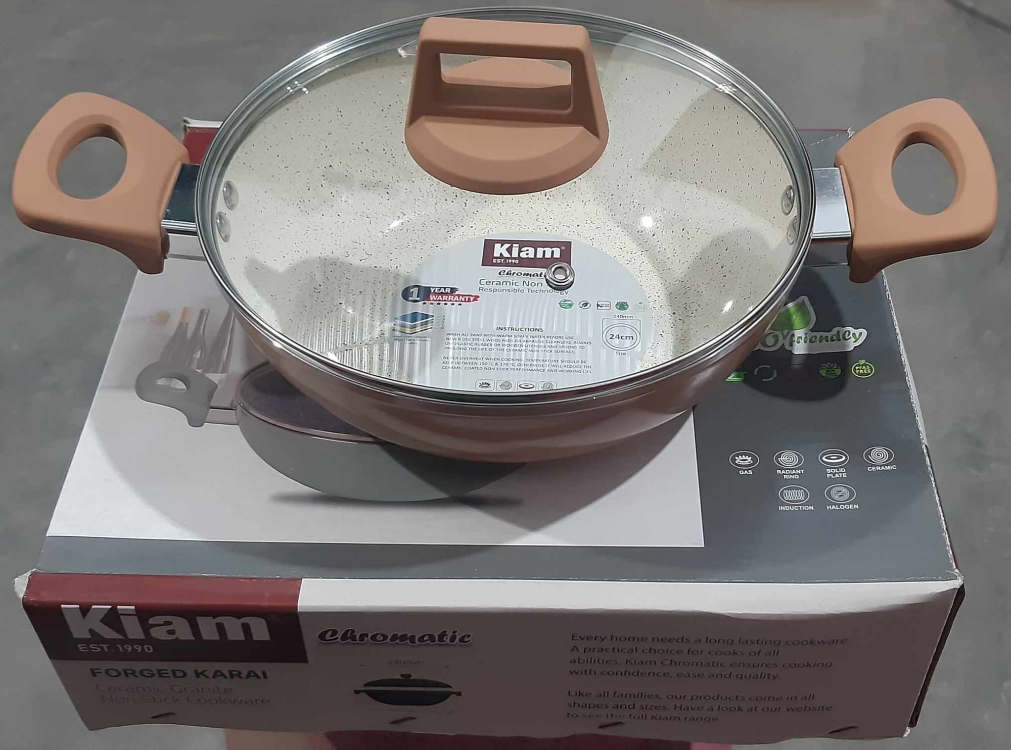 Picture of Kiam Ceramic Granite Karai With Glass Lid 24 cm (Induction Bottom)