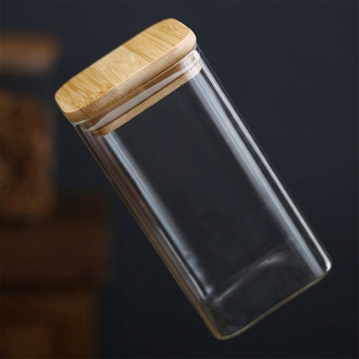 Picture of Square Airtight Glass Jars 1PC Container with Bamboo Lid for Kitchen Food Snack Seasoning Pasta Storage Bottle Seal Glass Container (Multicolor900ML)
