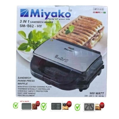 Picture of Miyako 3 In 1 Sandwich Maker SM-826 / 862 with Sandwich Plate, Grill Plate & Waffle Plate (Multicolor862)