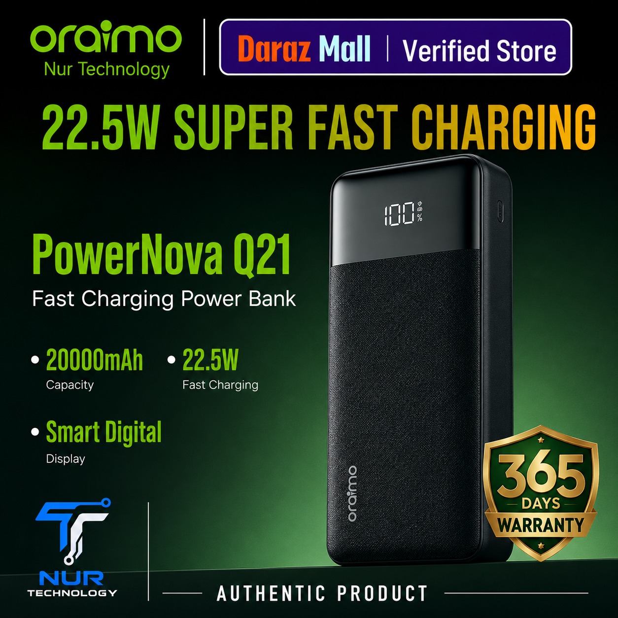 Picture of Oraimo PowerNova Q21 20000mAh 22.5W Black Power Bank with Digital Display