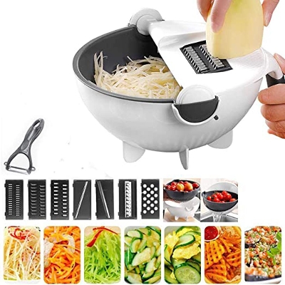 Picture of Magic Rotate Vegetable Cutter With Drain Basket Multi-Functional Kitchen Veggie Fruit Shredder Grater Slicer - White