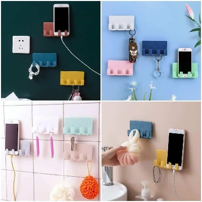 Picture of Mobile Phone Holders Phone Charger Wall Mounted 4 Hooks Storage Hanger Rack Bathroom Hanging Holder Mobile charger stand walls - Multicolor