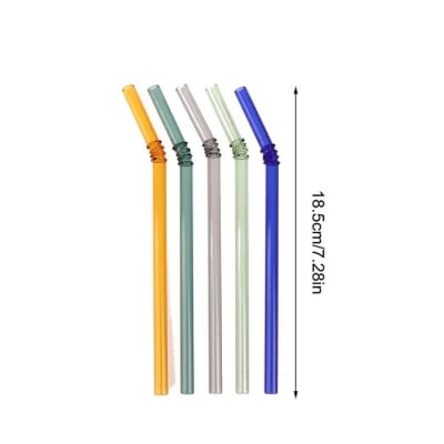 Picture of 6 PCS Glass Straws with Design | Colorful Shatter Resistant Bend , 8.2'' X 8mm with Cleaning Brush Multicolor