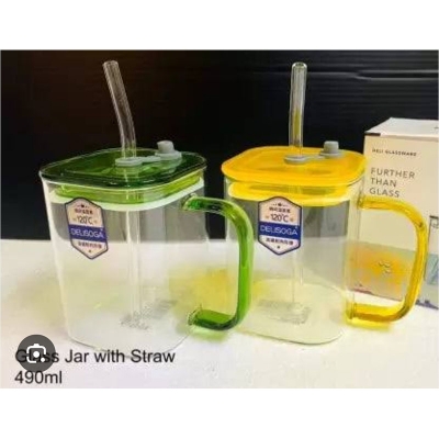 Picture of 1PC 490ML Delisoga Glassware mug, specifically a heat-resistant borosilicate square glass cup with a straw Multicolor