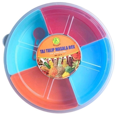 Picture of 1 PC Round Spice Box with Spoon, Kitchen Spice Box, Moshla box set plastic, Masala Box, Spices box Multicolor