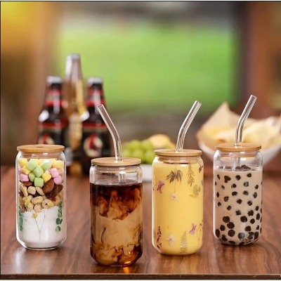 Picture of 1PC Plain Glass Can With Bamboo Lid & Sip 61-2 Multicolor