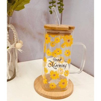 Picture of 1PC Glass Mug Flower Printed With Bamboo Lid & Sip 6363 Multicolor