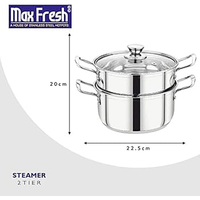 Picture of 20cm Maxfresh Stainless Steel Steamer/Modak/Momo Maker with See through Lid, (20cm x 2 tier) Silver