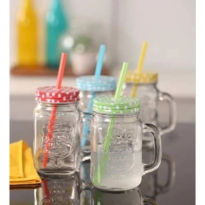 Picture of 1PC Serve Refreshing Drinks In Mason Jars With Handle Colorful Lid With Reusable Straw MULTI-COLOR Multicolor