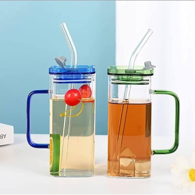 Picture of 1PC Premium-Square Mason Jar 400ml - Elegant Glass Container for Storage, Preservation and Decor, Airtight Lid, Versatile and Stylish Jar, Milkshake, Coffee & Juice Jar with Straw Multicolor