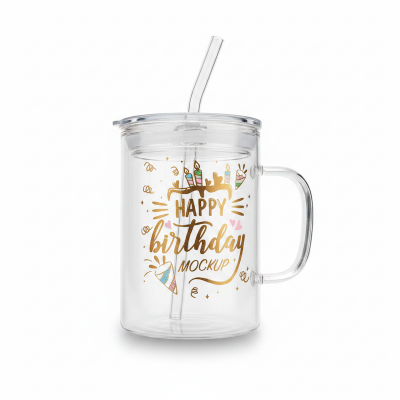 Picture of 1 Happy Birthday Premium Jar Mug- Elegant Glass Container for Storage, Preservation and Decor, Airtight Lid, Versatile and Stylish Jar, Milkshake, Coffee & Juice Jar with Straw Multicolor