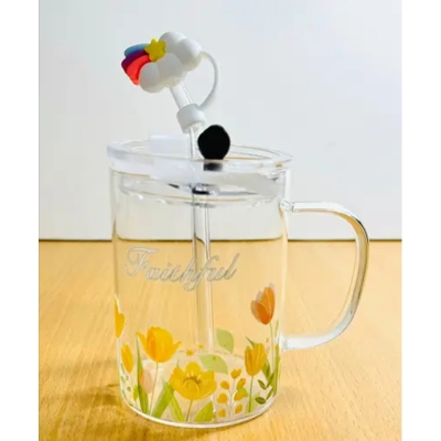 Picture of 1 Floral Design Premium Jar Mug- Elegant Glass Container for Storage, Preservation and Decor, Airtight Lid, Versatile and Stylish Jar, Milkshake, Coffee & Juice Jar with Straw Multicolor