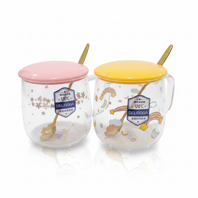 Picture of 1PC Cute Fruity Printed Glass Mug With Lid & Spoon 27L-IT Multicolor