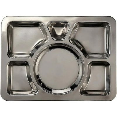 Picture of Acense 6 Compartment Stainless Steel Large Plate (Thali), Food Grade Material, Multi-Purpose, BPA/Toxin-Free, Dimensions: 40cmx30cmx2cm Silver