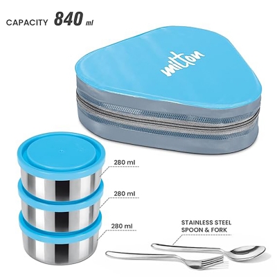Picture of MILTON Triyum Stainless Steel Tiffin, 3 Container, 280 ml Each, with Jacket, Spoon & Fork, Lunch Box  Food Grade  Odour Proof  Light Weight Multicolor