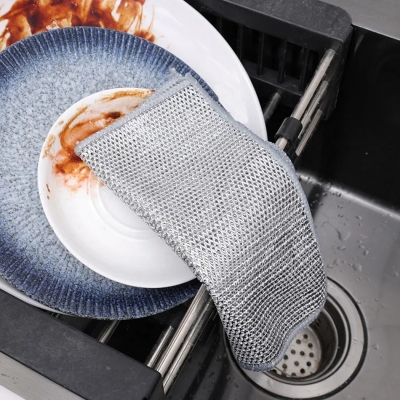 Picture of 5 Pcs double ply Non-Scratch Steel Wire Dishcloth Daily Cleaning Cloth Non Stick Oil Wiping Cloth Kitchen Stove Dishwashing Pot Washing Dishes Silver