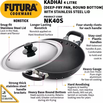 Picture of Hawkins Fututa Deep-Fry Pan, (NK40S) Kadhai 30 cm diameter with Lid 4 L capacity Multicolor