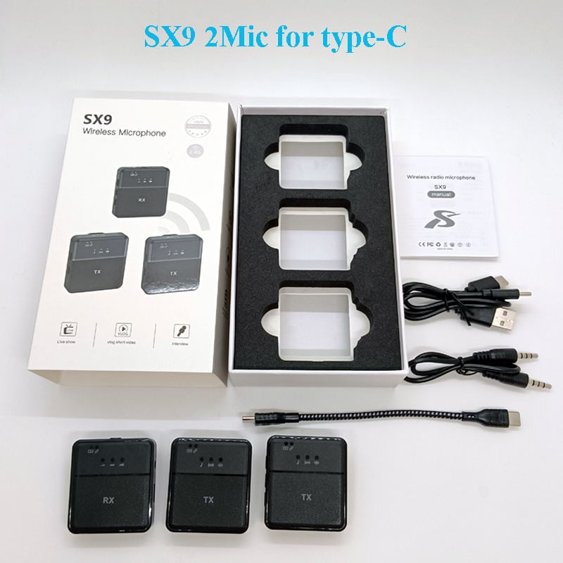 Picture of SX-9 Dual Wireless Lavalier Microphone Dual Mic 2.4G Noise Reduction Mini Mic for Android iPhone Type-C Vlog Interview YouTube Recording Wireless Microphone SX-9