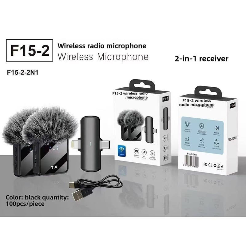 Picture of F15-2 Wireless Lavalier Microphone Dual Mic 2 in 1 Clip Mic for Android iPhone Type-C Lightning 3.5mm Vlog Video Recording Interview Noise Reduction Wireless Microphone