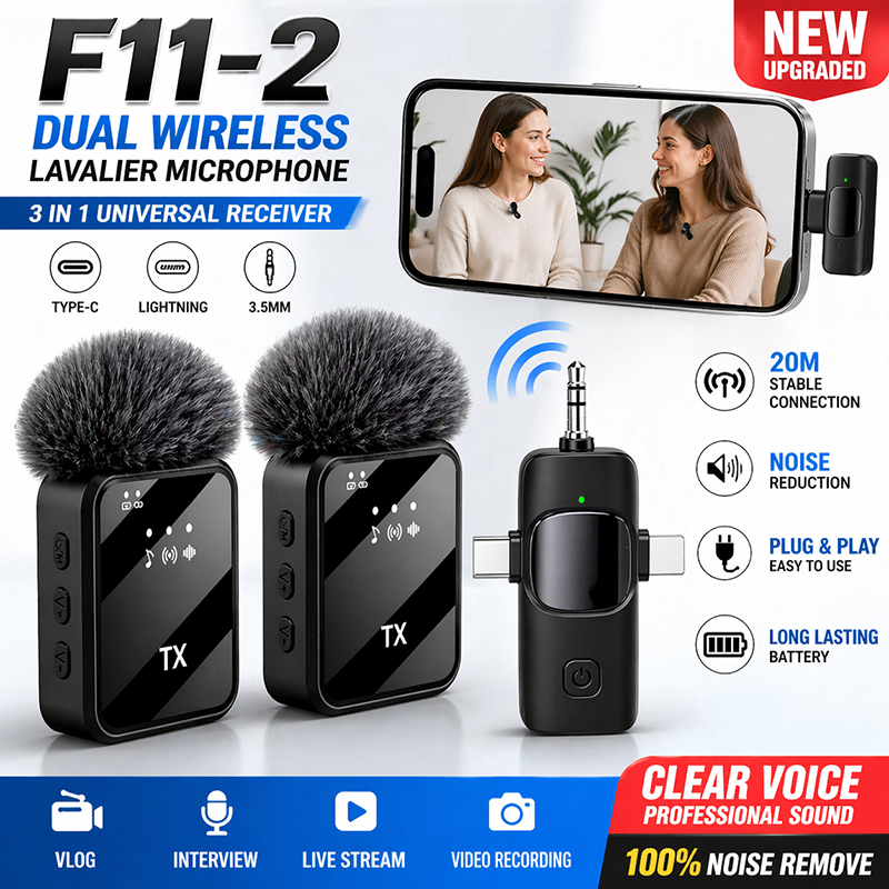 Picture of F11-2 Wireless Lavalier Microphone Dual Mic 3 in 1 Type-C Lightning 3.5mm Clip Mic for Mobile Vlog Recording Interview YouTube Facebook Live Noise Reduction Wireless Mic