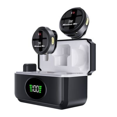 Picture of NP-58 Dual Wireless Radio Microphone Collar with Charging Case | Type-C Receiver | Noise Reduction | 2 Mic Lavalier for Android iPhone Video Recording, YouTube, Interview, Live Streaming