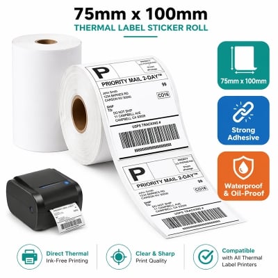 Picture of 75mm x 100mm (3"x4") Thermal Label Sticker Roll – Direct Thermal Shipping Label, Strong Adhesive, Waterproof, Oil-Proof Barcode Sticker for Courier, Daraz, eCommerce & POS Printer