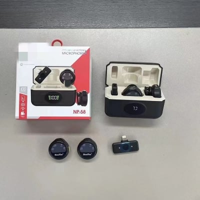 Picture of NP-58 Dual Wireless Radio Microphone Collar with Charging Case | Type-C Receiver | Noise Reduction | 2 Mic Lavalier for Android iPhone Video Recording, YouTube, Interview, Live Streaming