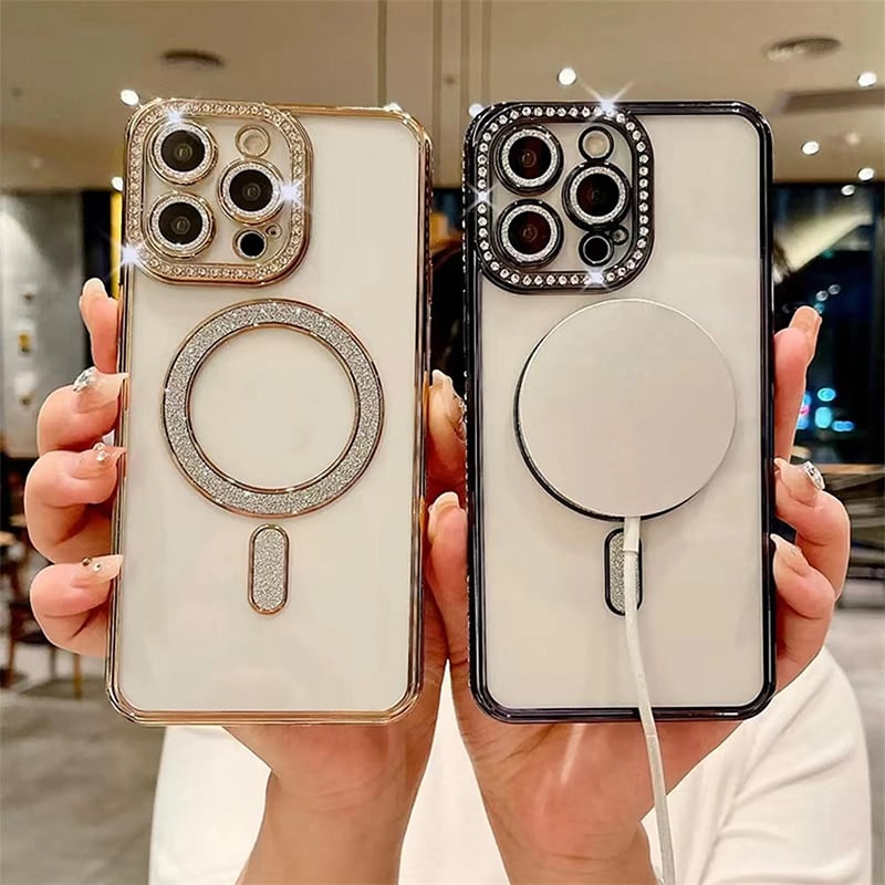 Picture of Glitter Diamond Wireless Charger Phone Cover for iphone 13 Pro Max Magnetic case with Camera Protector