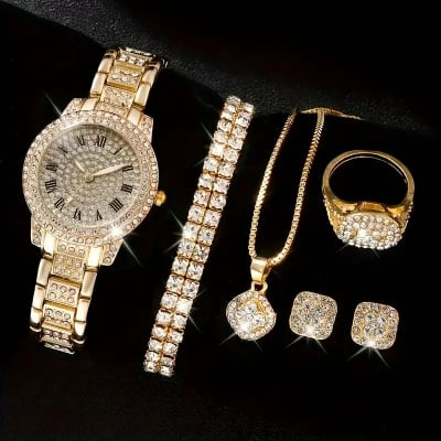 Picture of Best Selling Luxury Crystal Jewellery & Watch Gift Set – 6 in 1 Combo (Gold & Silver)  Perfect for Gift | Party Wear | Premium Fashion Set