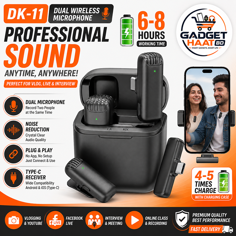 Picture of DK-11 Dual Wireless Microphone Type-C | Dual Mic System | Noise Reduction | Plug & Play | 6-8H Battery | Charging Case | Vlog Live Streaming Mic