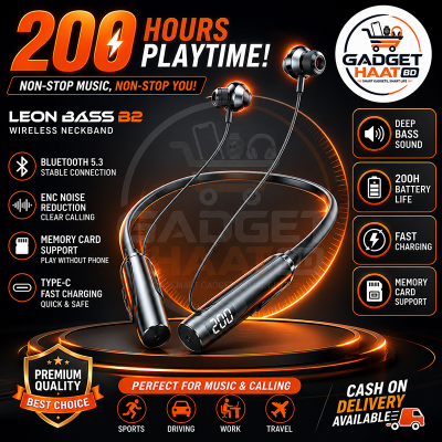 Picture of LEON BASS B2 Wireless Neckband Bluetooth Headphone V5.3 | 200 Hours Playback | Type-C Fast Charging | Memory Card Support | ENC Noise Reduction Sports Earphone