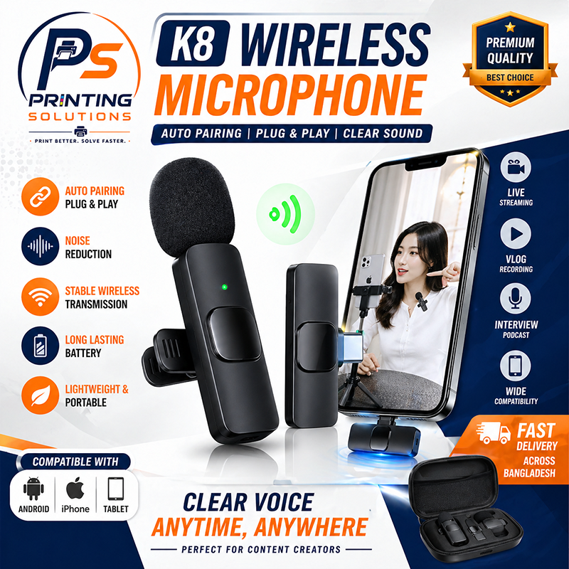 Picture of K8 Wireless Microphone High Quality Collar Clip Lapel Lavalier Recording Mobile Microphone for Android iPhone Live Vlog Podcast Interview YouTube Video Recording Plug & Play Noise Reduction Mini Mic
