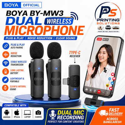 Picture of BOYA BY-MW3 Dual Wireless Microphone Type-C Lavalier Mic for Android Phone | Plug & Play Noise Reduction Recording Mic for Live Streaming, Vlog, Interview, Podcast, YouTube, Facebook Live