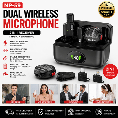 Picture of NP-59 Dual Wireless Microphone 2 in 1 with Type-C & Lightning Receiver | Noise Reduction Lavalier Mic for Android iPhone YouTube Video Recording Live Streaming Interview