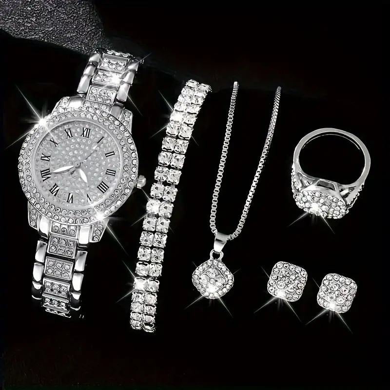 Picture of Best Selling Luxury Crystal Jewellery & Watch Gift Set – 6 in 1 Combo (Gold & Silver)  Perfect for Gift | Party Wear | Premium Fashion Set