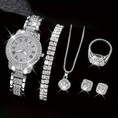 Picture of Best Selling Luxury Crystal Jewellery & Watch Gift Set – 6 in 1 Combo (Gold & Silver)  Perfect for Gift | Party Wear | Premium Fashion Set
