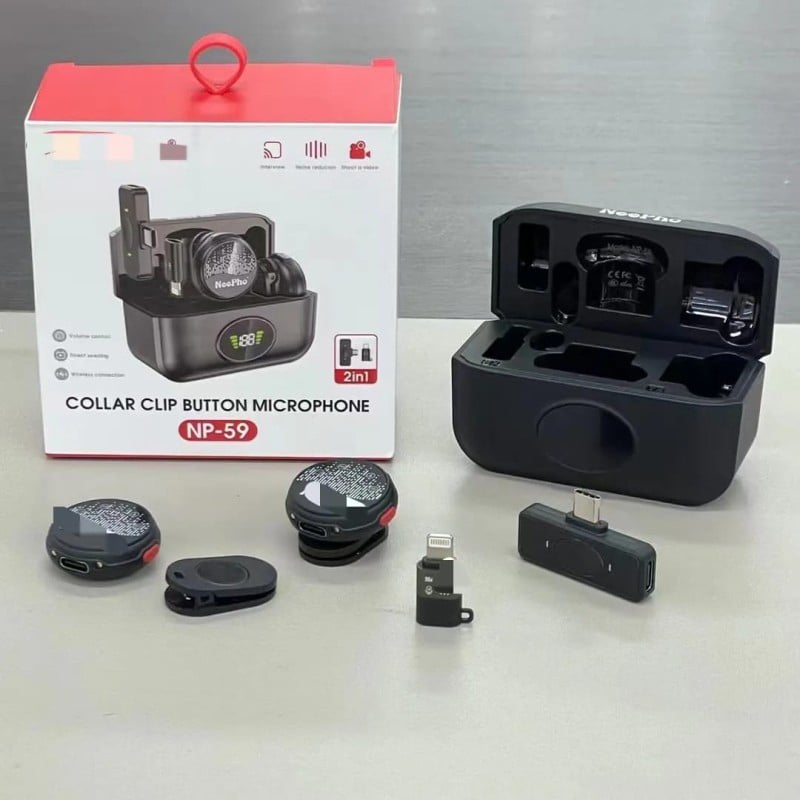 Picture of NP-59 Dual Wireless Microphone 2 in 1 with Type-C & Lightning Receiver | Noise Reduction Lavalier Mic for Android iPhone YouTube Video Recording Live Streaming Interview